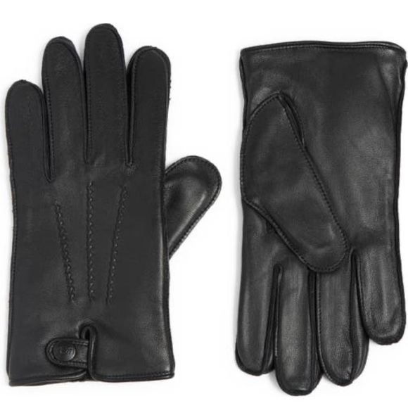 NWT UGG genuine leather and faux fur lined 3 point snap smart gloves black - Picture 9 of 11